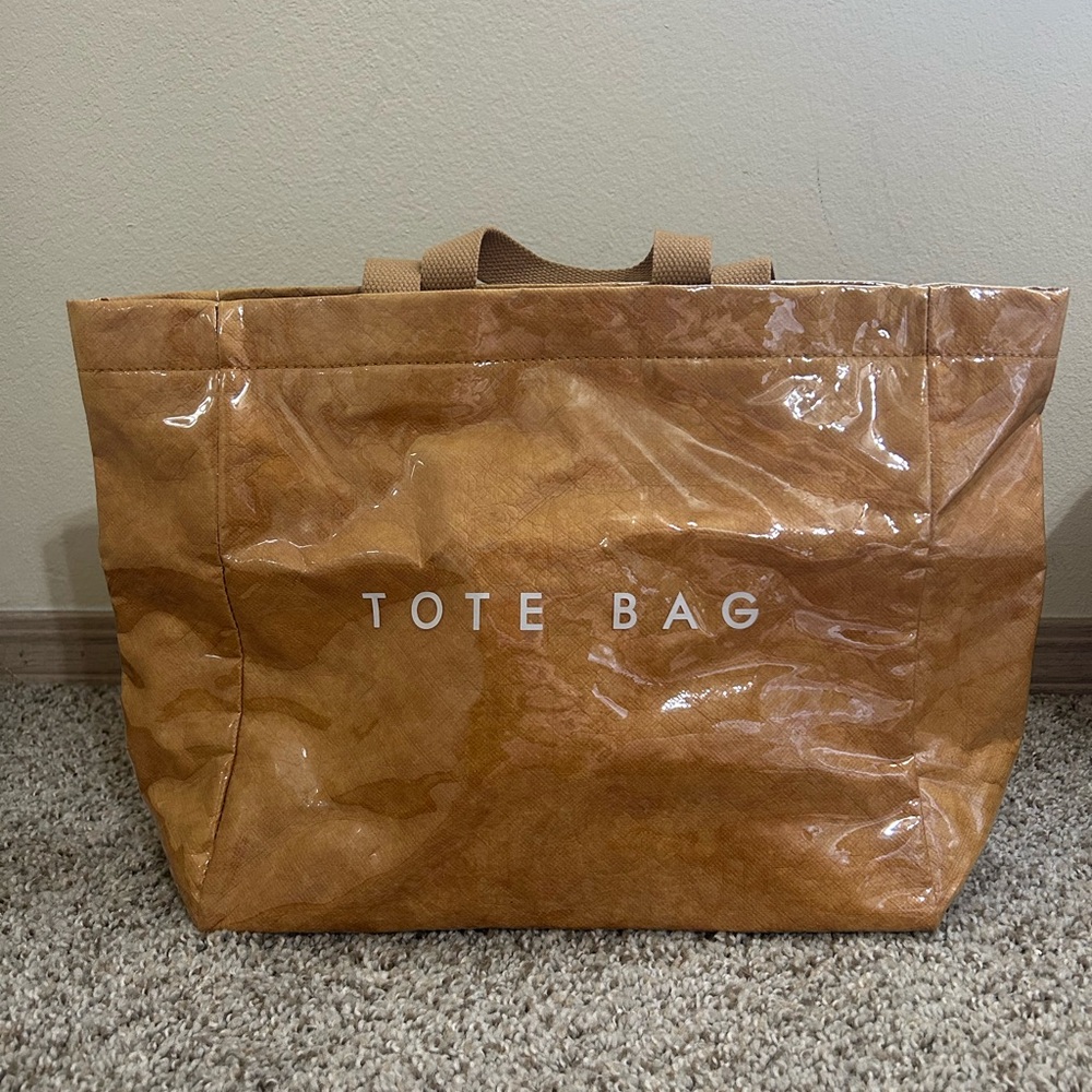 PVC Tote Bag Kraft Paper Style Top Handle Business Work Travel Brown Magnetic
